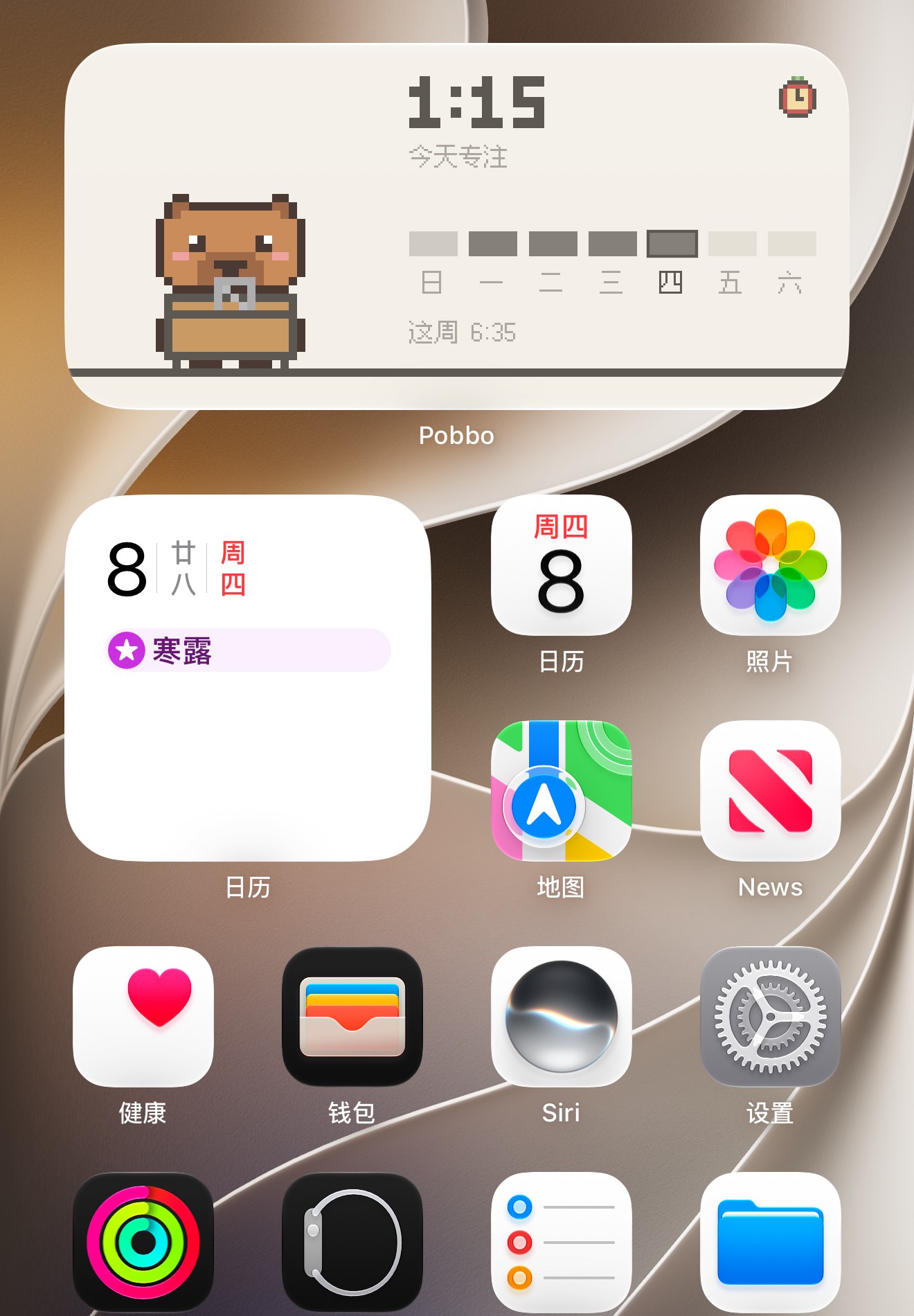 iPhone 主屏上的 Pobbo 专注小组件：今天专注了多久，这一周每天的情况